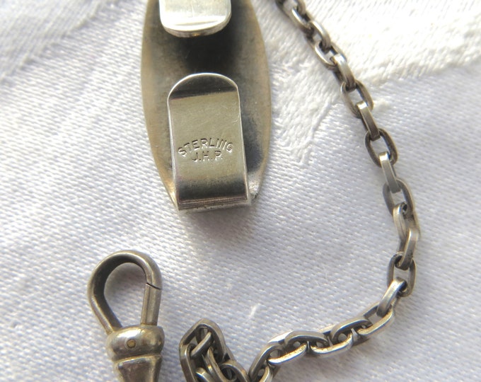 Vintage Sterling Watch Fob, Art Deco Silver Fob, Belt Clip with Chain, Antique Pocket Watch Fob, Signed JHP