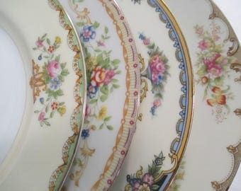 Vintage Shabby Mismatched China Salad Plates, Cottage Chic,Wedding,Tea Party,Bridal Luncheon,Showers,Hostess Gift,Bridesmaid Gift - Set of 4