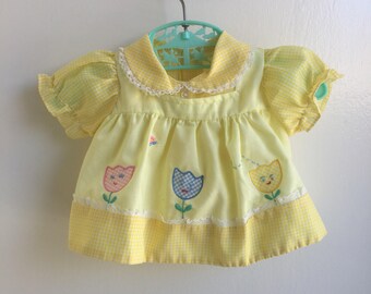 VTG Baby Girl Gingham Dress Yellow Flowers Sz 0-3M