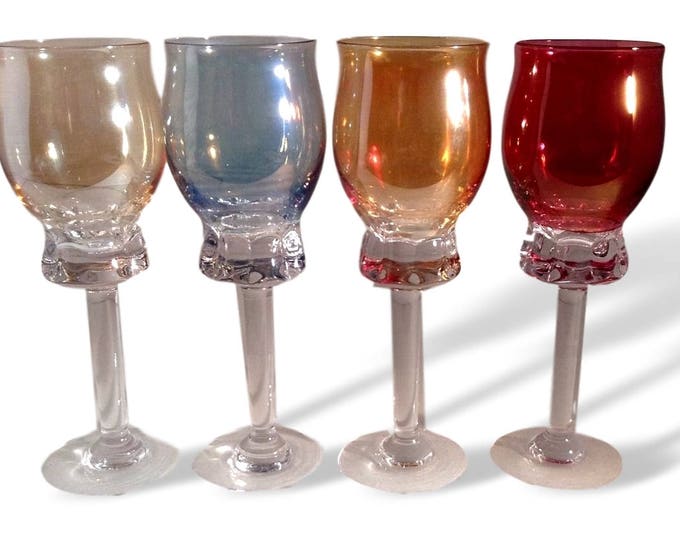 Vintage Crystal Colored Wine Glasses, Champagne Glass Flutes, Opalescent Stemware in Red, Blue, Gold, Champagne Colors, SET OF 4
