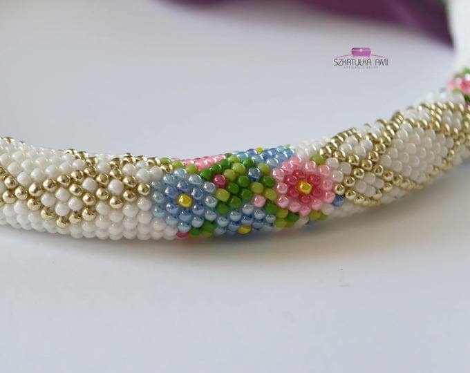 Flower pastel Necklace tube Seed beads necklace Beaded crochet rope Gift for her Wedding necklace White necklace Womens girls knitted tube