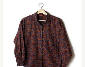 ON SALE Vintage Brown/Navy Paisley Printed Cotton Long Sleeve Blouse from 80's*