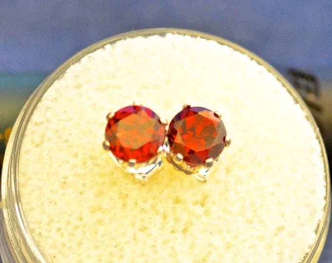 SALE Red Garnet Studs, 5mm Round, 1.30ct, Set in Sterling Silver E414