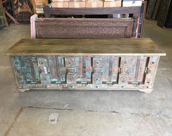 Vintage Trunk Blue Distressed Natural Wood Bench Table Bloack chest Old Pitara Rustic FARMHOUSE Bohemian Interior FREE SHIP