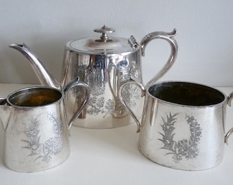 Vintage Decorative Teapot Creamer and Sugar Bowl Set - Silver Plated