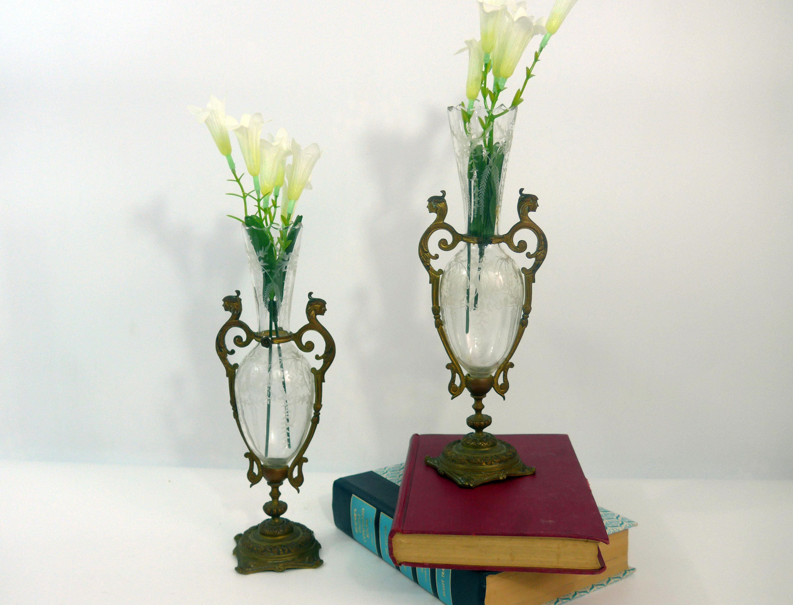 Pair Antique Mantle Glass Vases w/ Ornate Brass Bases 2 Dainty