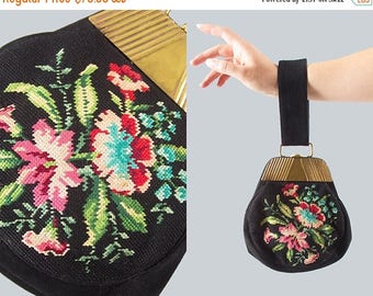 20% OFF SALE Vintage 1930s Purse | 30s Floral Tapestry Embroidered Petit Point Black Suede Wristlet Handbag