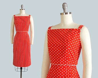 Vintage 1960s Dress | 60s LANZ Red Polka Dot Cotton Sundress Button Back Wiggle Sheath Dress (xxs)