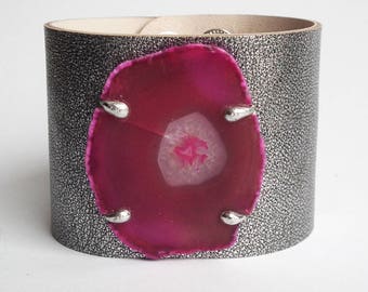 Leather bracelet cuff with agate silver and fuchsia 50% off