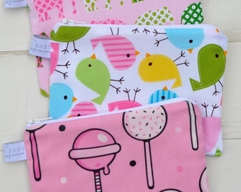 Eco Friendly Reusable Snack Bag - Pink Elephant, Spring Bird, Pink Lollipop