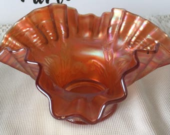 Carnival Glass, Flowering Dill, Marigold, Crimped Edge, Vintage, Gift for Collector, Gift for Her, Amber, Gift for Mom, Vase, Dish