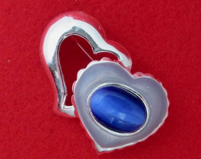 AAI Blue Heart Brooch, Blue Cat's Eye Brooch, Signed AAI Pin, Vintage Enamel Hearts Pin, Silvertone Double Heart Pin