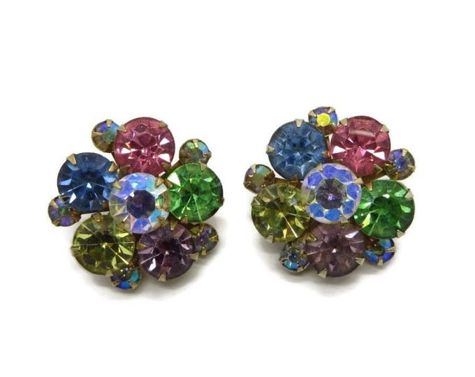Weiss Multicolor Earrings, Vintage Rhinestone Earrings Signed Weiss Earrings Multi-Color Pastel Clip on Earrings