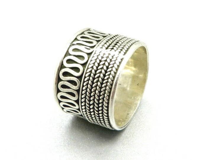 Sterling Silver Wide Band Ring, Vintage Scrolled & Braided Band Ring Size 7