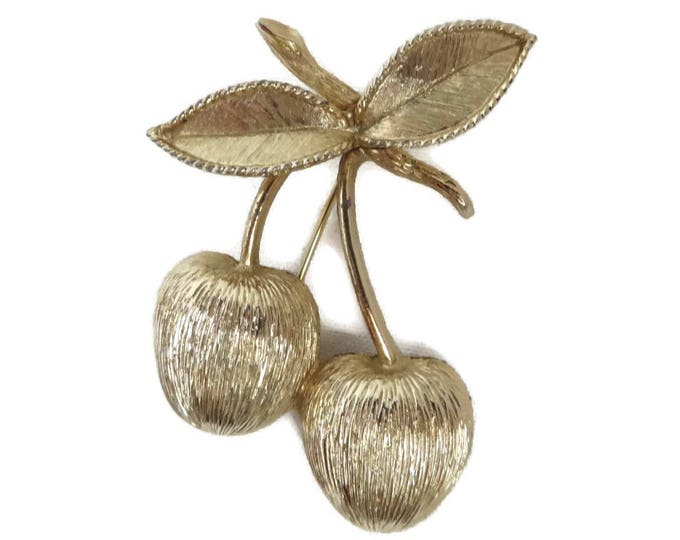 Sarah Coventry Cherries Brooch, Vintage Gold Tone Fruit Pin, 1960s Jewelry