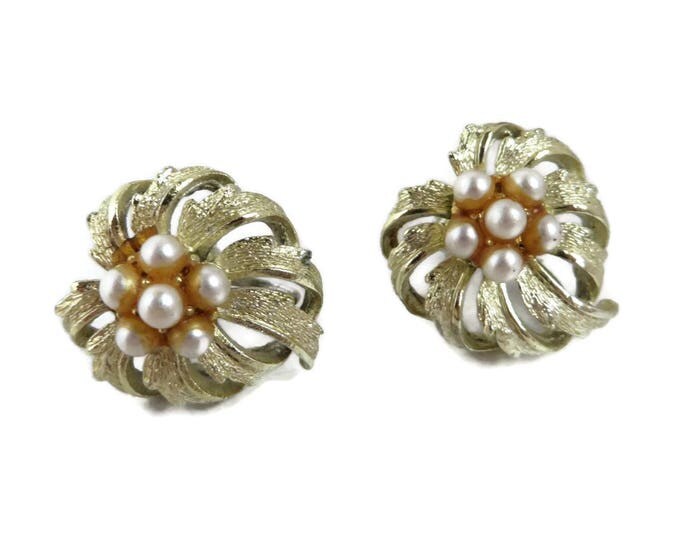 Coro Faux Pearl Earrings, Vintage Champagne Gold Screw Back Earrings, Bridal Jewelry, Gift for Her