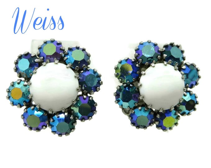 Weiss Milk Glass Earrings, Vintage AB Rhinestone Flower Clip-on Earrings