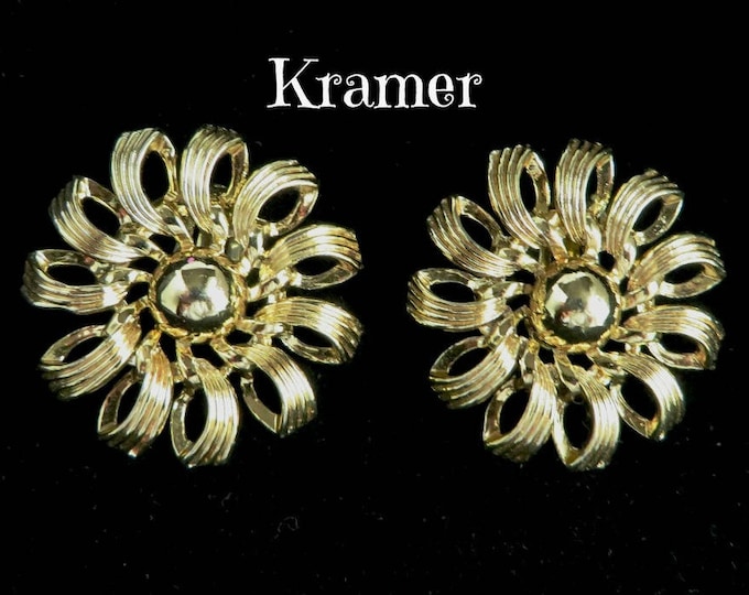 Vintage Kramer Flower Earrings, Gold Tone Pinwheel Clip-on Earrings