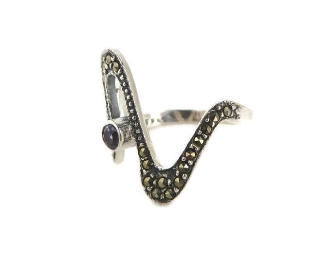 Sterling Silver Abstract Ring - Vintage Amethyst, Marcasite Ring, Signed Designer Ring, Size 7, Gift Box, Perfect Gift, FREE SHIPPING