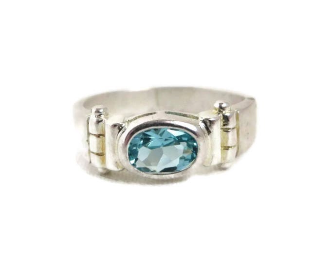 Blue Topaz Silver Ring - Vintage Antique Finish Sterling Silver Ring, Size 8, Gift for Her, Gift Box