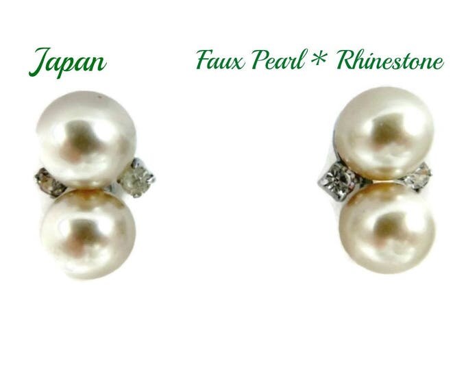 Faux Pearl Earrings - Vintage Japan Pearl & Rhinestone Earrings, Silver Tone Screwback Earrings, Gift for Her, Gift Box Faux Pearl Earrings - Vintage Japan Pearl & Rhinestone Earrings, Silver Tone Screwback Earrings, Gift for Her, Gift Box