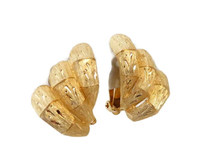 Kramer Diamond-Etched Earrings, Gold Tone Clip-on Earrings, Signed Designer Jewelry