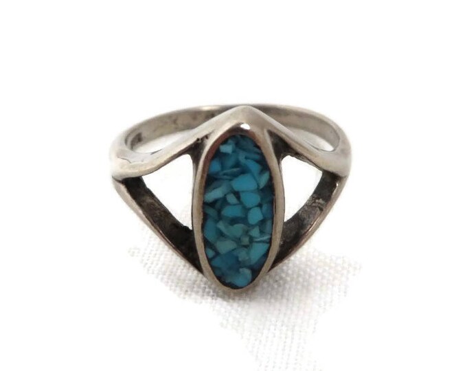 Sterling Silver Turquoise Ring - Vintage Crushed Turquoise Inlay Ring, Size 6, Gift for Her