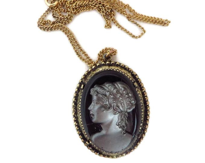 Vintage Cameo Necklace | Black Gray Glass Pendant | Gold Tone Chain Necklace | Flawed Cameo