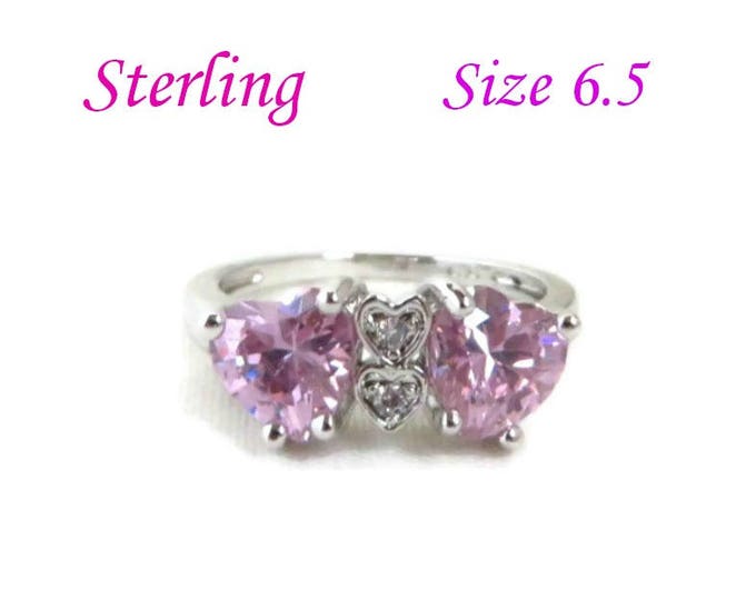 Sterling Silver Hearts Ring | Vintage Pink CZ Heart Ring | Birthday Gift | Size 6.5