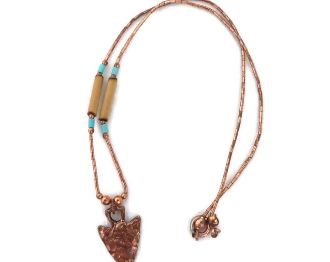 Vintage Copper Arrowhead Pendant Necklace, 1970s Hippie Jewelry