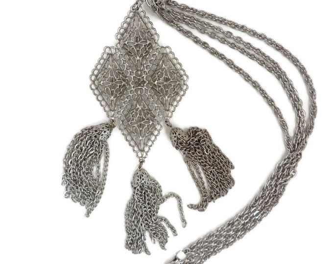 Tassel Necklace, Vintage Pendant Necklace, Silver Tone Double Chain Link Necklace, Large Filigree Pendant, Boho Statement Jewelry