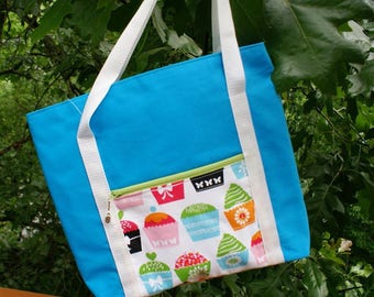 REDUCED price/ Canvas tote/ turquoise blue /CUPCAKES/medium sized/zippered pouch/polypro webbing handles/150056