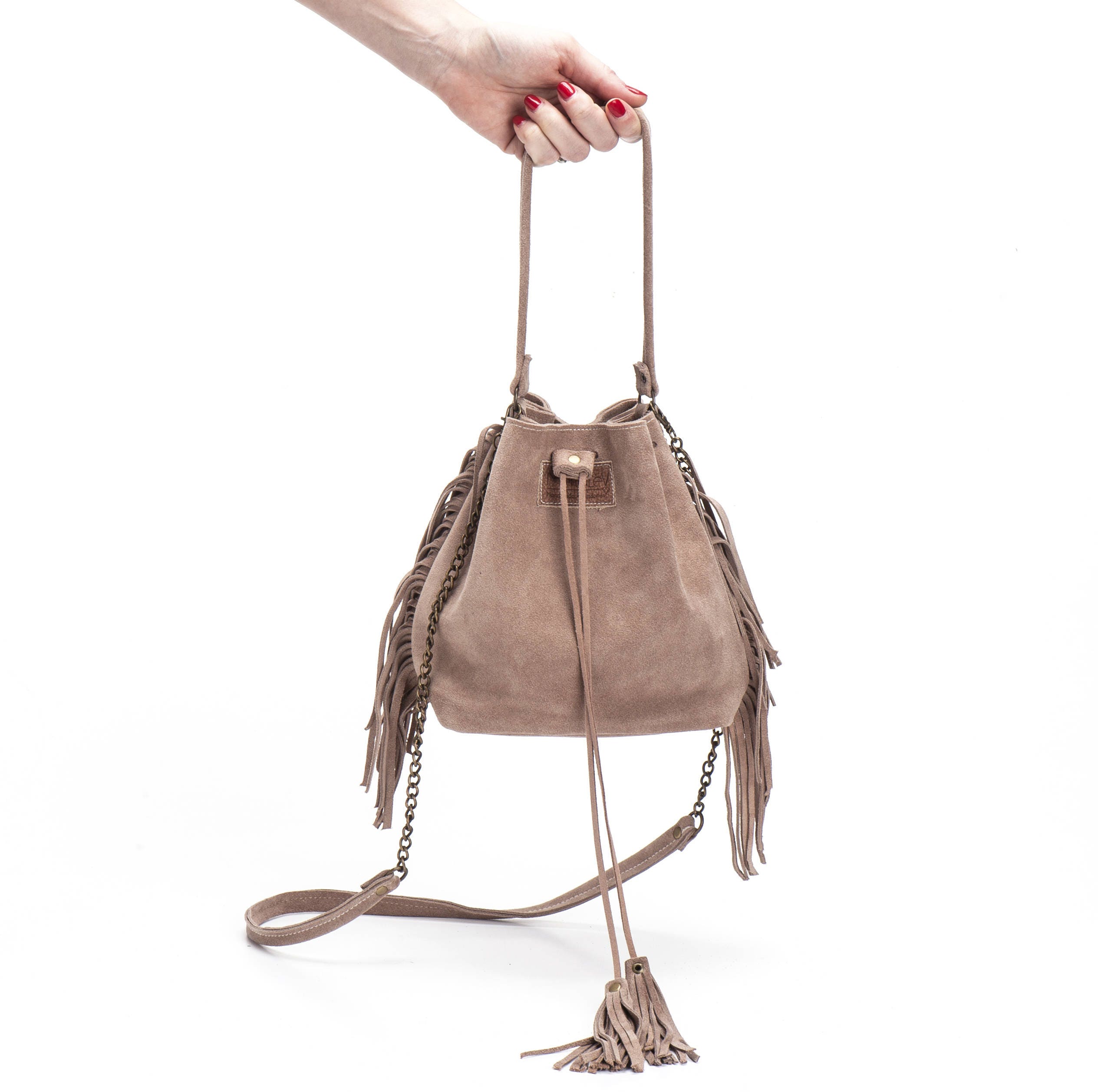 Leather Bucket bag Mini Drawstring bag fringe bucket bag