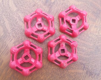Red Metal Industrial Handles Architectural Salvage Hardware Drawer Pulls Hose Faucet Valve Set of 4