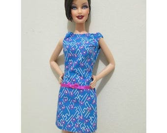 Barbie Doll Clothing Vintage blue and white fuscia pink flowers dress