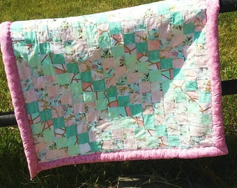 Pink and Mint Baby Quilt With Stuffed Edges
