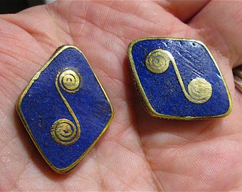 2 Napalese Handmade Brass Beads with Lapis Inlay