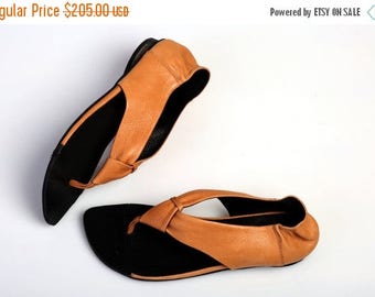 SALE Leather Sandals, Camel Sandals, Summer Flats, Handmade Sandals, Barefoot Sandals, Orange Sandals, T-strap Sandals, Brigitte
