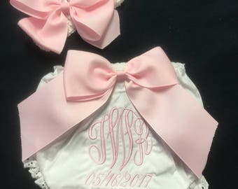 Baby girl Clothes Monogramed Diaper Cover with Big Bow attached and Monogram. Matching Headband Baby 0 to 24 months Toddler 3T and 4T