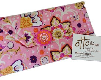 Pink Flower Themed Tri Fold Wallet - Handmade from Quality Fabric ONE-OF-A-KIND!