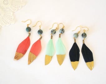 Gold Dipped Feather Earrings, Boho Jewelry, Natural Turquoise Jewelry, Gift for Her, Dangle Earrings