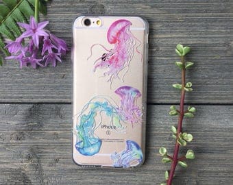 Jellyfish Watercolor iPhone Case, Your choice of Soft Plastic (TPU) or Wood
