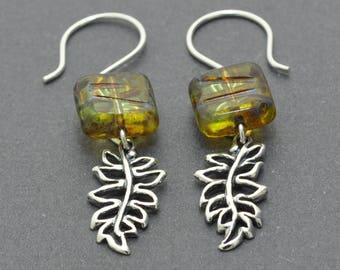 Leaf Earrings, Dangle Earrings, Sterling Silver Earrings, Czech Glass Earrings