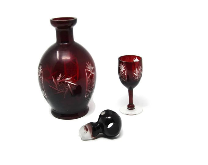 Antique Ruby Red Bohemian Glass Decanter / Art Nouveau Cut to Clear Fine Crystal / Czech Wine Spirits Boho Home Decor / Cordial Set Mom Teen