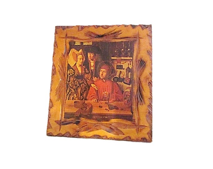 Vintage Petrus Christus Decoupage Wood Burned Wall Hanging - Goldsmith In His Shop - Renaissance Art Gift - Saint Eligius - Wedding Ring Mom