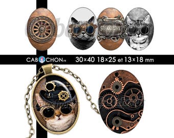 Steampunk ll • 45 Images Digitales OVALES 30x40 18x25 13x18 page cabochon cabochons steam punk chat chien femme engrenage rouille metal