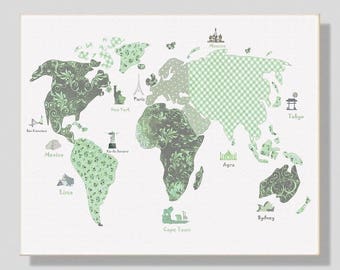 31,Nursery wall art decor,travel nursery,baby girl art,mint,gray,world map, tableau chambre enfant