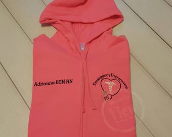 Ladies Emergency DepartmentThemed Full Zip Hooded Sweatshirt-- zip up ladies sweatshirt jacket with several color options for ER Nurses