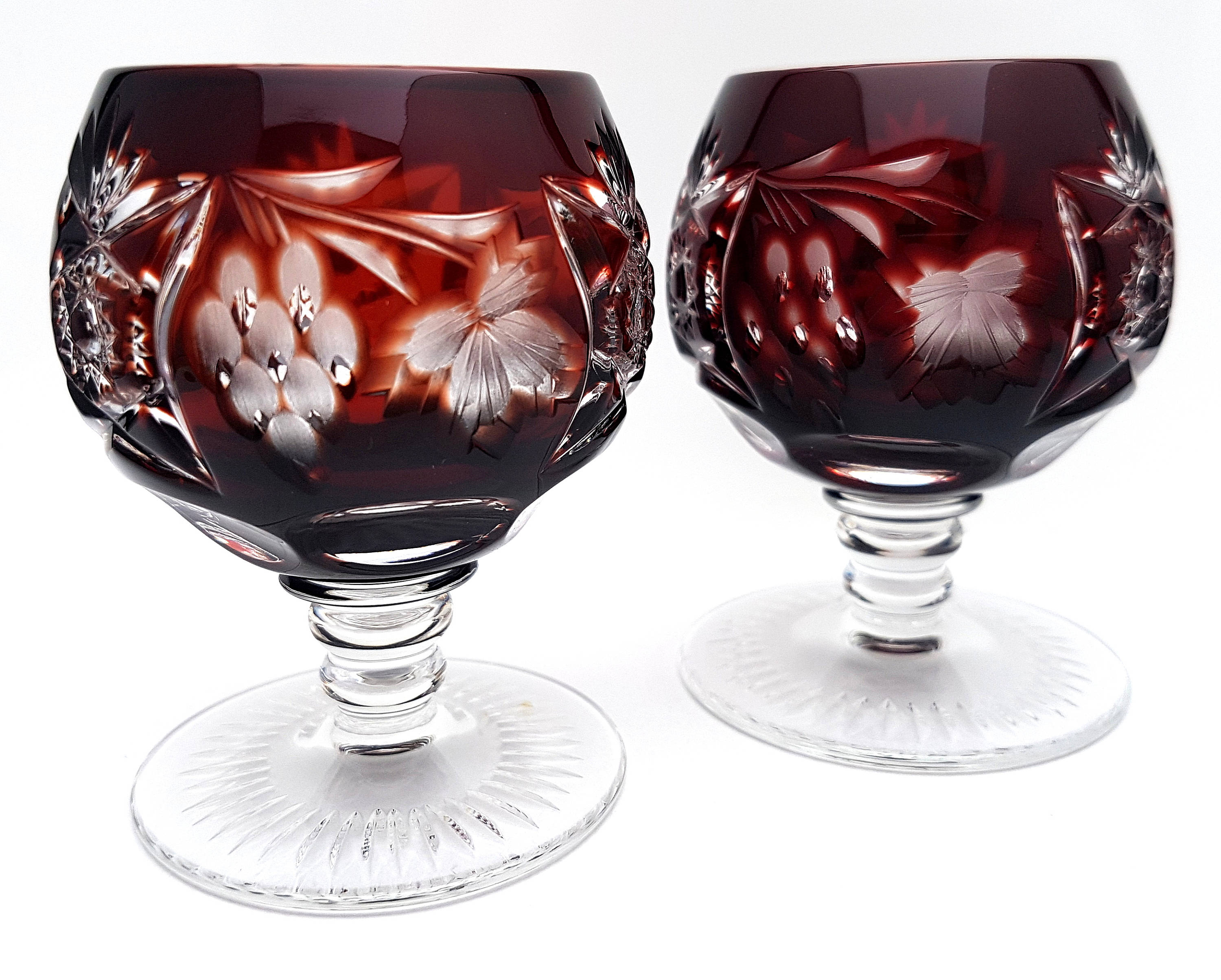 Crystal Cognac Glasses / Vintage Ruby Red Cut Crystal Brandy