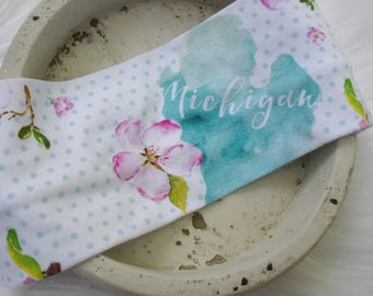 Michigan with Pink Flower Headband. Head wrap. Turban. Twist Headband. Gift. State of Michigan.